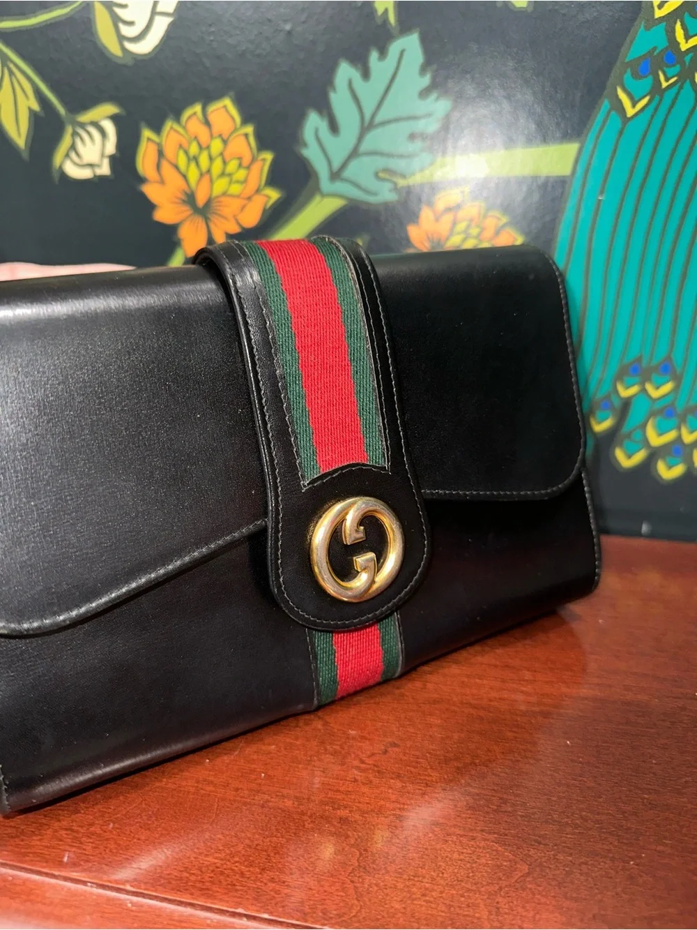 Vintage 1970s Gucci Black Leather Web Stripe GG Clutch